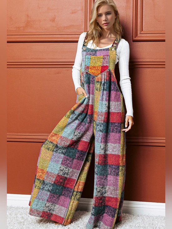 BiBi Pants - VINTAGE BRUSHED MULTI CHECKERED AND PLAID BOHO OVERALLS JUMPSUIT